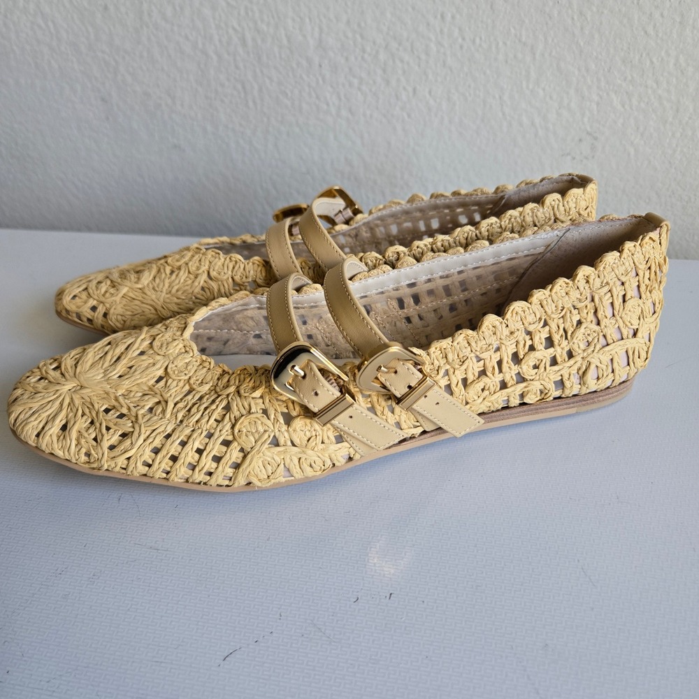 Dolce Vita Woven Raffia Double Strap Mary Jane Flats Natural Beige Size 9